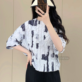 Miyake Xếp Ly Thêu In Hình Nữ Xuân Hè Phong Cách Mới Cao Cấp Tính Khí Nửa Tay Rời