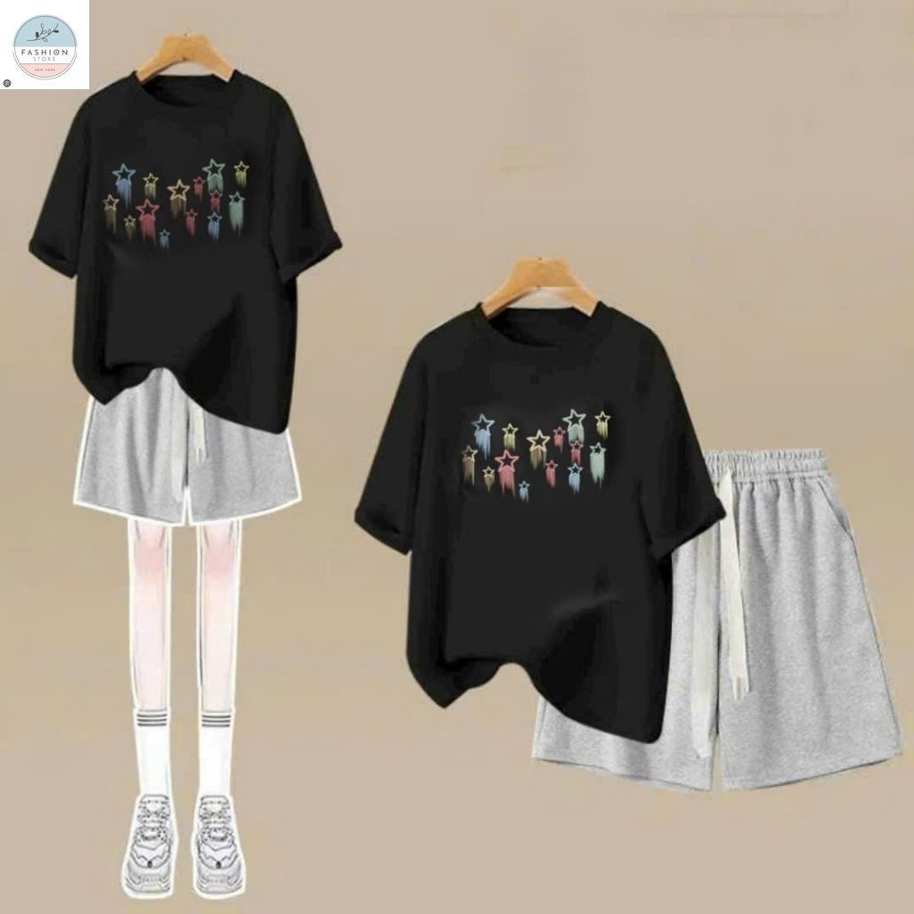 Sét Bộ quần đùi trơn + mix áo phông form rộng tay lỡ - hình ngôi sao-QUẦN ÁO 94