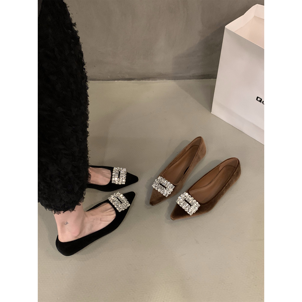 Giày Nữ Size Lớn (32-44) Size Nhỏ 32 33 34 Tính Khí Pháp Đen Người Nổi Tiếng Mũi Nhọn Giày Nữ Mùa Xuân Thu Đế Bằng Kim Cương Giả Cao Cấp JUNE9