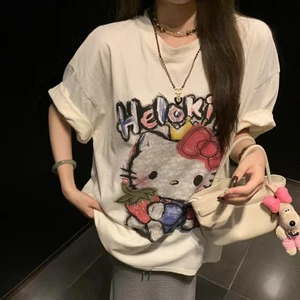 Dạo Phố Cặp Đôi Cotton Nguyên Chất Áo Thun Tay Ngắn Retro Hoạt Hình In Hình Rời