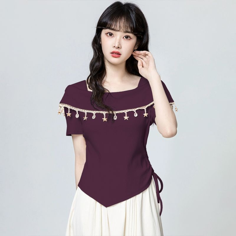 Áo Thun nữ Phong Cách Bohemian Mùa Hè 2025 Tay Ngắn Tua Rua Thiết Kế eo Hẹp Mỏng Hơn Nhìn Top