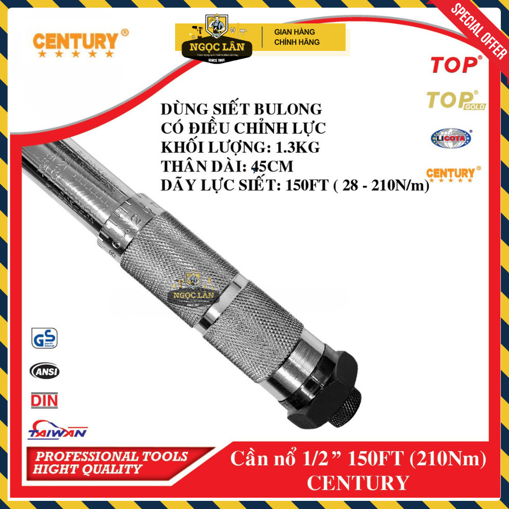 [Chính Hãng] Cần Nổ, Cần Siết Chỉnh Lực 1/2” (28-210 Nm) CENTURY dài 450mm thép CR-V cao cấp