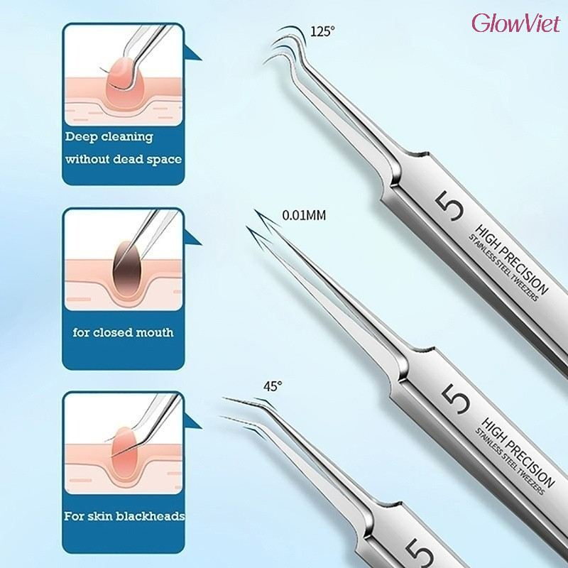 Bộ Dụng Cụ Skincare Cao Cấp,Kẹp Mụn Inox + Nhíp Cong + Que Lấy Nhân,Không Làm Tổn Thương Da