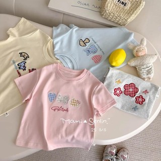 Áo thun ngắn tay dễ thương cho bé gái mùa hè, thêu hoạt hình, phong cách Hàn Quốc, áo thường ngày