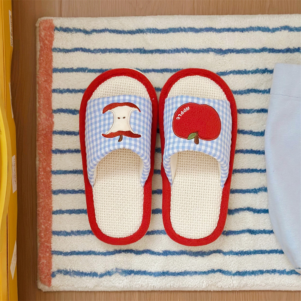 Dép Apple Vui Nhộn Dép Cotton Phẳng Im Lặng Đế Mềm Giày Sàn Vải Lanh Cotton Dép Bốn Mùa Dép Lanh Đa Năng Dép Đi Trong Nhà Dép Trong Nhà Mồ Hôi-