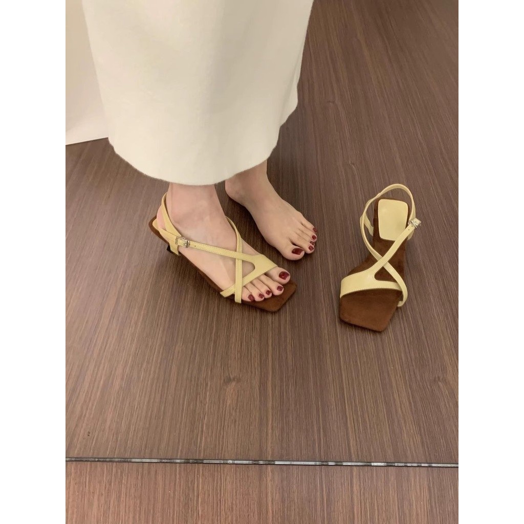 Xăng đan Mũi Vuông Cổ Điển Cho Nữ Phong Cách La Mã Giày Cao Gót Thấp 3cm