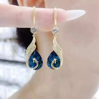 Phong Cách Mới Tính Khí Thời Trang Retro Con Công Dài Tua Rua Bông Tai Pha Lê Xanh