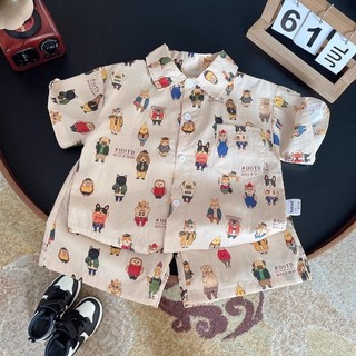 Bộ áo sơ mi mỏng cho bé trai mùa hè, phong cách Hàn Quốc, in hình hoạt hình, tay ngắn và quần short, bộ hai mảnh