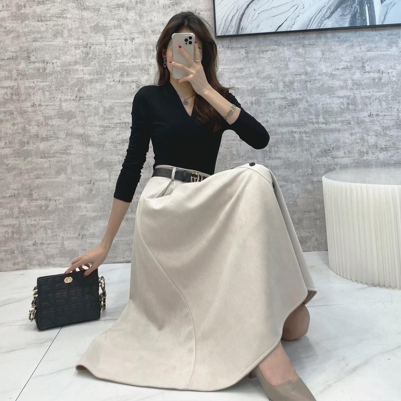 Con Gái Nhà Giàu Váy Set Váy Da Lộn Dệt Kim Cổ Điển Phong Cách Hồng Kông Thu Đông Cho Nữ Bộ Hai Chiếc