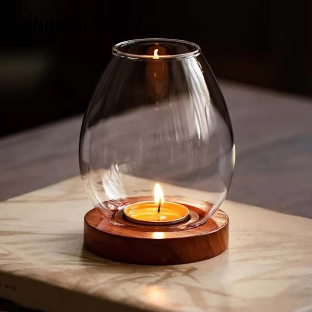 Chân nến thủy tinh SHUPUN, Chân nến trong suốt rỗng, Retro có đế gỗ tròn chống gió Vỏ cốc nến tiệc cưới