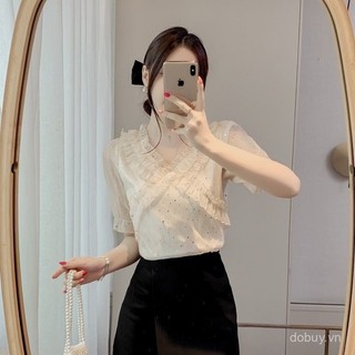 2025 Mùa hè Mới về Áo chiffon sequin xếp nếp siêu nữ tính cho phụ nữ