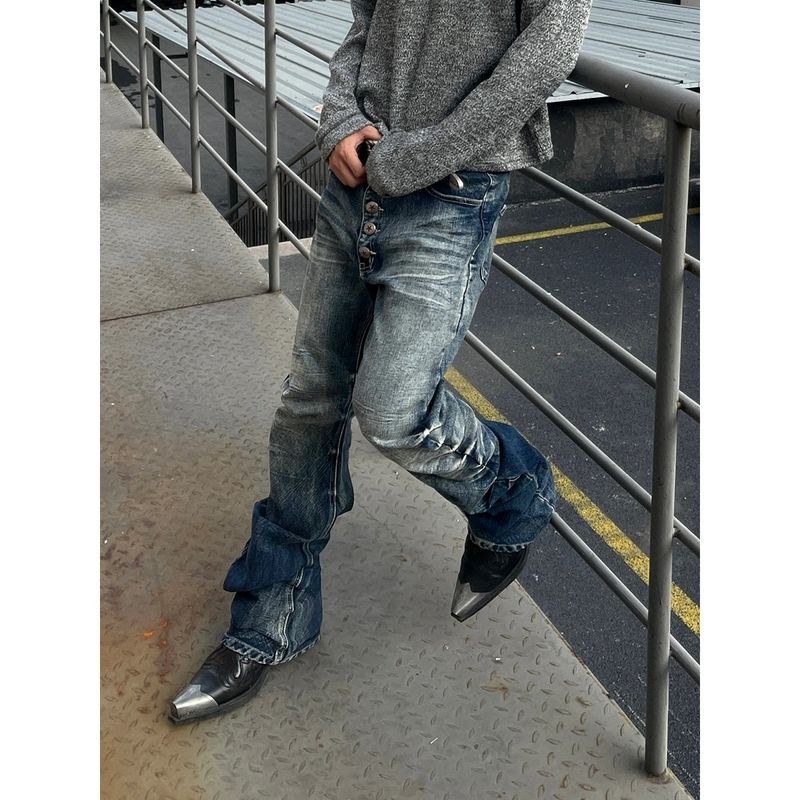 ThaliaWisp Quần jean denim loe cổ điển đường phố cao với nếp gấp và nút cho nam