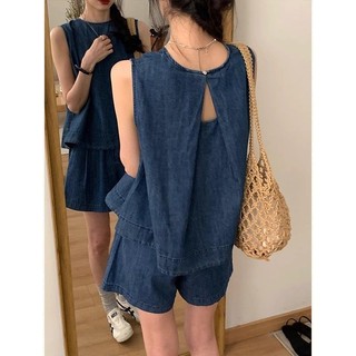 Rời Thiết Kế Đơn Giản Denim Sling + Quần Short Co Giãn Hàng Ngày Thời Trang Mùa Hè Màu Xanh Đậm Phù Hợp Với Bộ Đồ Hai Mảnh Giảm Tuổi Hàng Đầu Mới