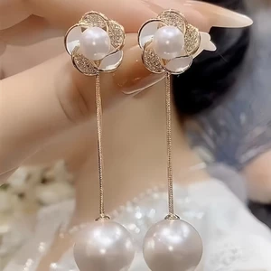 Bông tai ngọc trai cao cấp thanh lịch với kim bạc 925, có thể đeo hai chiều, tua rua hoa, kẹp tai MUXQ