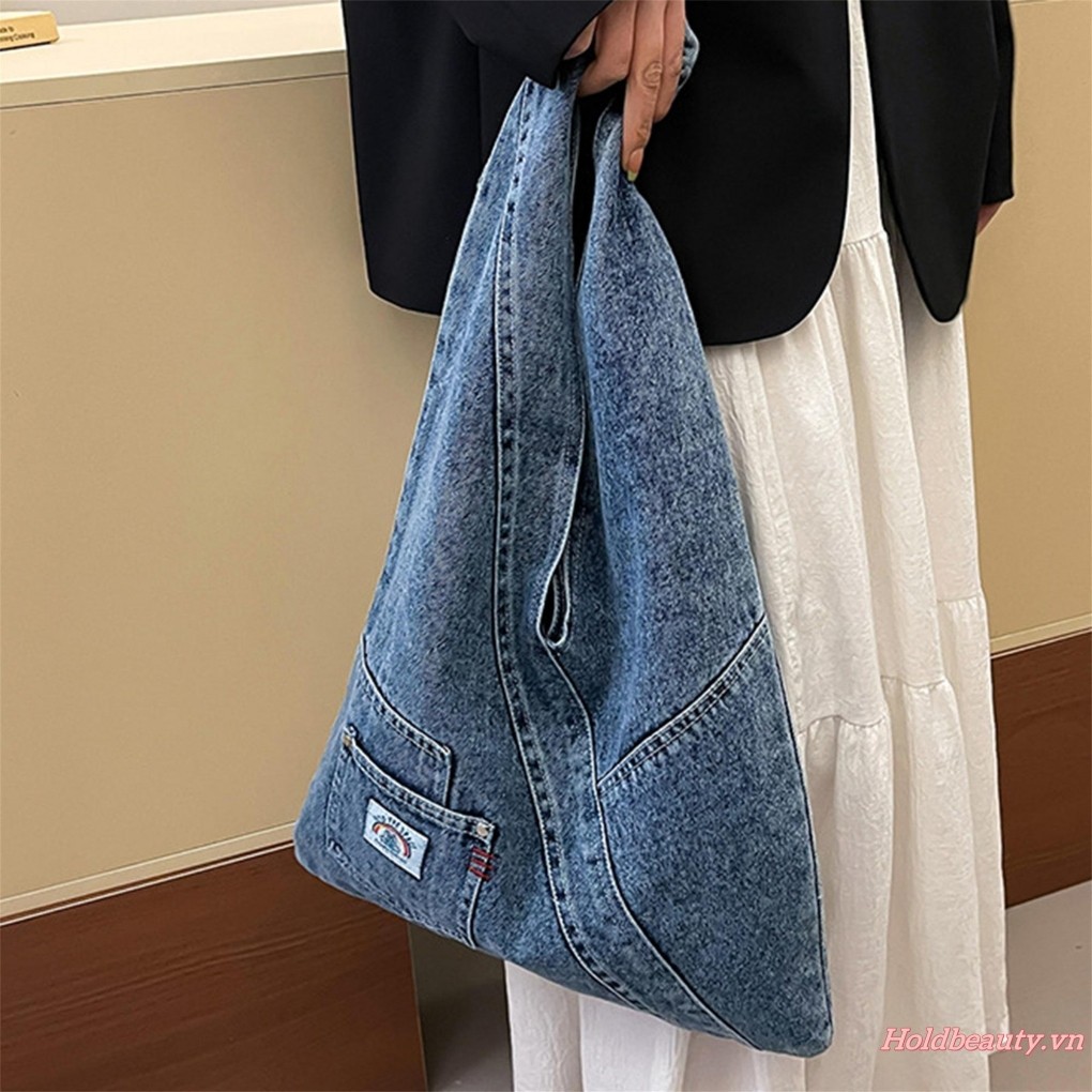 Túi Denim cổ điển dành cho nữ Ví đeo vai lớn có túi Túi Tote Jean thông thường dành cho du lịch, trường học, văn phòng ngoài trời