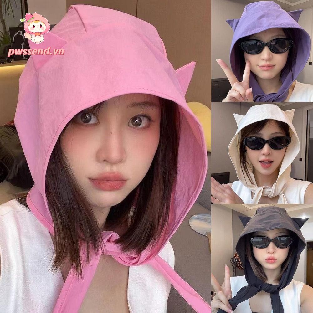 PWSSEND Mũ Quỷ Nhỏ, Mũ Chui Đầu Ren Nhanh Khô Màu Trơn, Áo Chui Đầu Ren Ngộ nghĩnh Phong Cách Khăn Choàng Hình Y2K Cho Bé Gái