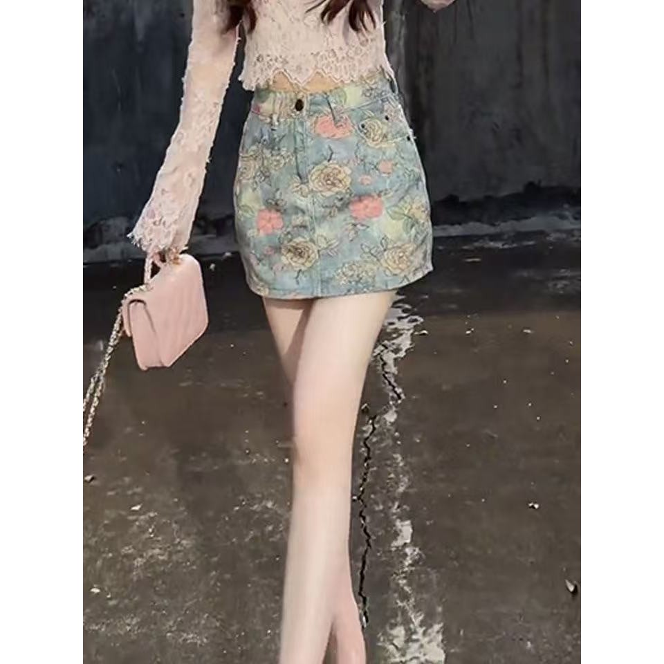 Retro Đau Khổ Hoa Hồng Denim Váy Nữ Mùa Hè Cao Cấp Ôm Hơn Nhìn Phù Hợp Với Váy Hông