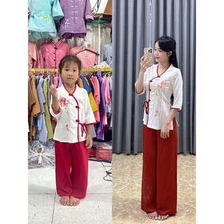 Set đồ lụa mẹ và bé gái ( mẹ bé bán riêng) cổ tim bông đào, đồ bộ bé gái