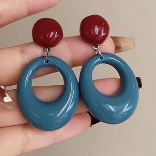Retro Phong Cách Hồng Kông Vòng Tròn Màu Sắc Tương Phản Bông Tai Nữ Phong Cách Ngày Lễ Màu Xanh Niche Thiết Kế