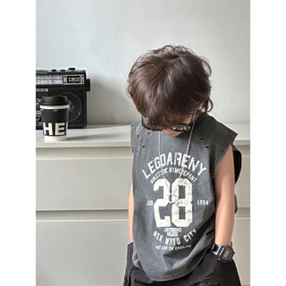 Mùa Hè Đẹp Trai Bé Trai Rách Đau Khổ Đen Áo Thun Không Tay Phiên Bản Hàn Quốc In Kỹ Thuật Số Áo Vest Cho Bé Rời Top