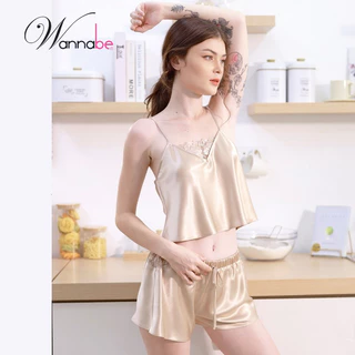 Đồ bộ mặc nhà lụa WANNABE đồ bộ quần sọt áo croptop 2 dây cổ áo phối ren thêu Nhật nhẹ nhàng BSS62
