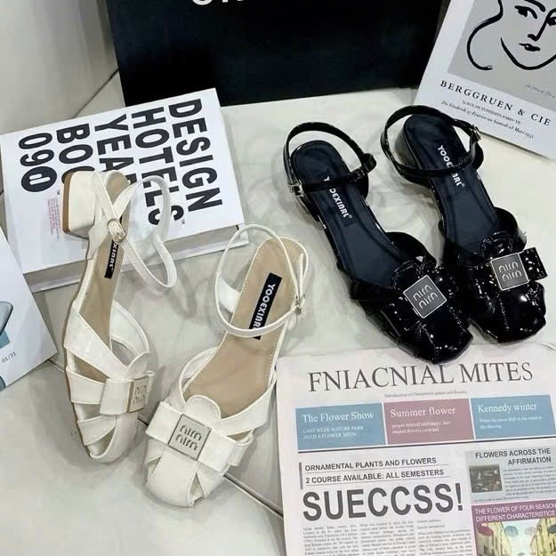 Dép Xăng Đan Mũi Rọ Nơ Min, Giày Sandal Nữ Mũi Tròn Đế Vuông 3cm, 5cm Da Bóng Hottrend - Cin Shoes