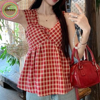 SAFENH Mùa Hè Nữ Retro Kẻ Sọc Hoa Cổ Vuông Không Tay Dễ Thương Thường Ngày Tank Top VN
