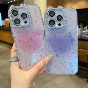 Ngôi sao lấp lánh trái tim / Tai mèo flash viền kim cương cứng tương thích cho 12 pro max 13 pro max 14 pro max 15 pro max 16 pro max