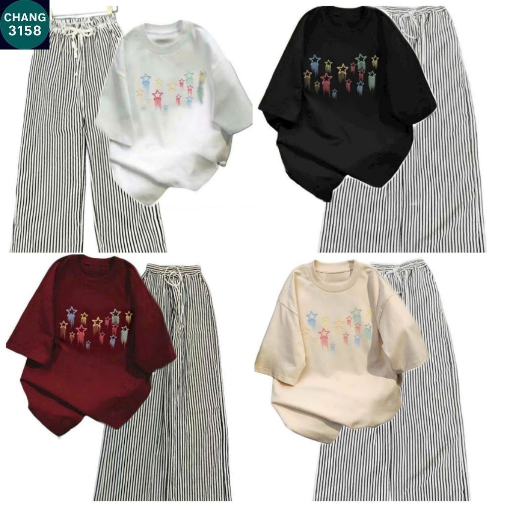Sét Bộ Quần đũi xốp vằn   + mix áo phông form rộng tay lỡ chất cotton su- hình ngôi sao-CHANG 3158