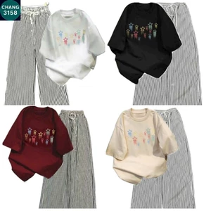 Sét Bộ Quần đũi xốp vằn + mix áo phông form rộng tay lỡ chất cotton su- hình ngôi sao-CHANG 3158