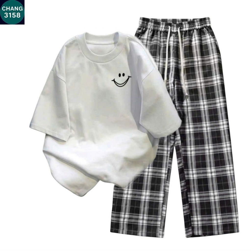 Sét Bộ Quần Kẻ Caro đen  + mix áo phông in mặt cười  nam nữ cotton-CHANG 3158