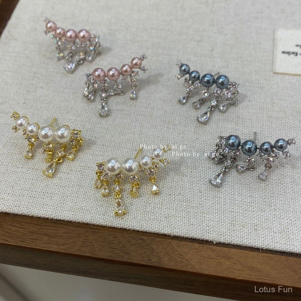 Bông tai tua rua nhỏ ngọc trai zircon Pháp thanh lịch, sang trọng nhẹ nhàng, cao cấp, tươi mới, ngọt ngào, tính cách xã hội