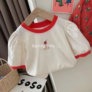 Áo thun ngắn tay họa tiết chấm bi dễ thương mùa hè cho bé gái, áo phong cách công chúa thêu gấu màu sắc cho trẻ nhỏ và bé gái nhỏ