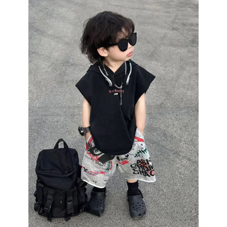 Bộ áo vest có mũ cho trẻ em mùa hè mới, phong cách Hàn Quốc, quần short không tay in chữ hoạt hình cho bé trai, bộ hai mảnh rộng rãi