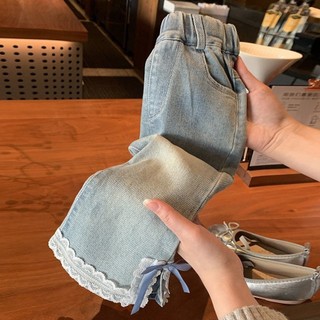Quần jeans mới mùa xuân cho bé gái, quần ống loe có viền ren, quần dài có nơ cho trẻ em