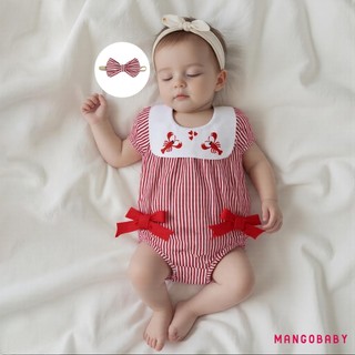 MG-Baby Girl Tôm Hùm Thêu Romper Tay Ngắn Cổ Búp Bê Kẻ Sọc Áo liền quần Có Băng Đô
