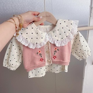 Áo sơ mi cổ búp bê cho bé gái phong cách Hàn Quốc mùa xuân và mùa thu, viền ren, họa tiết chấm bi, trang phục bên trong cho trẻ nhỏ, áo dài tay