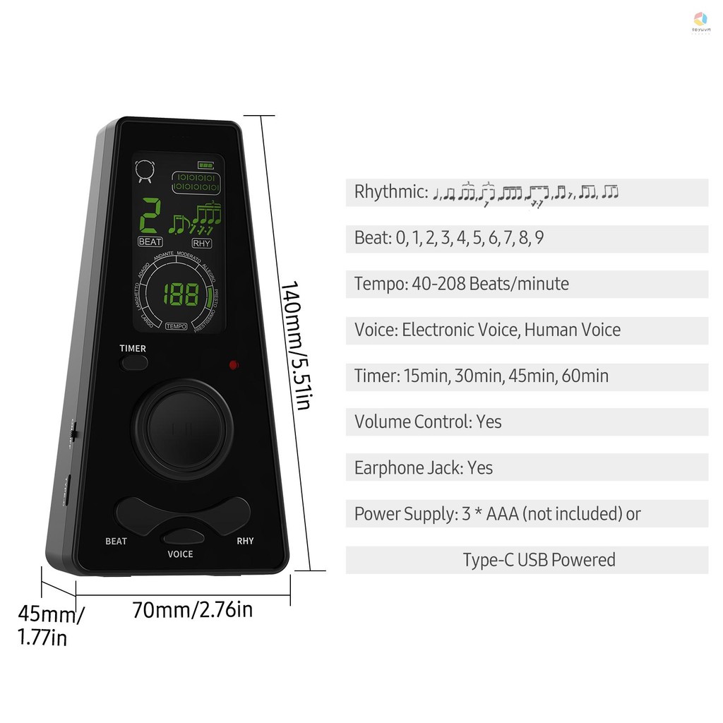 Metronome kỹ thuật số điện tử có hẹn giờ Metronome điện tử đa năng có điều khiển âm lượng và tốc độ đánh bại, chạy bằng pin hoặc cáp USB, cho đàn Guitar đàn Violin trống