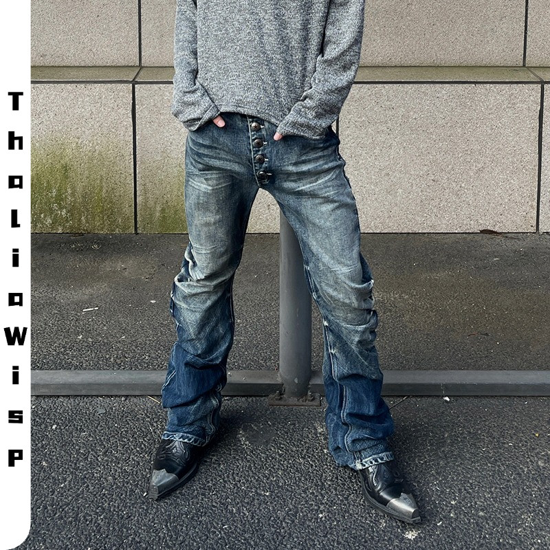 ThaliaWisp Quần jean denim loe cổ điển đường phố cao với nếp gấp và nút cho nam