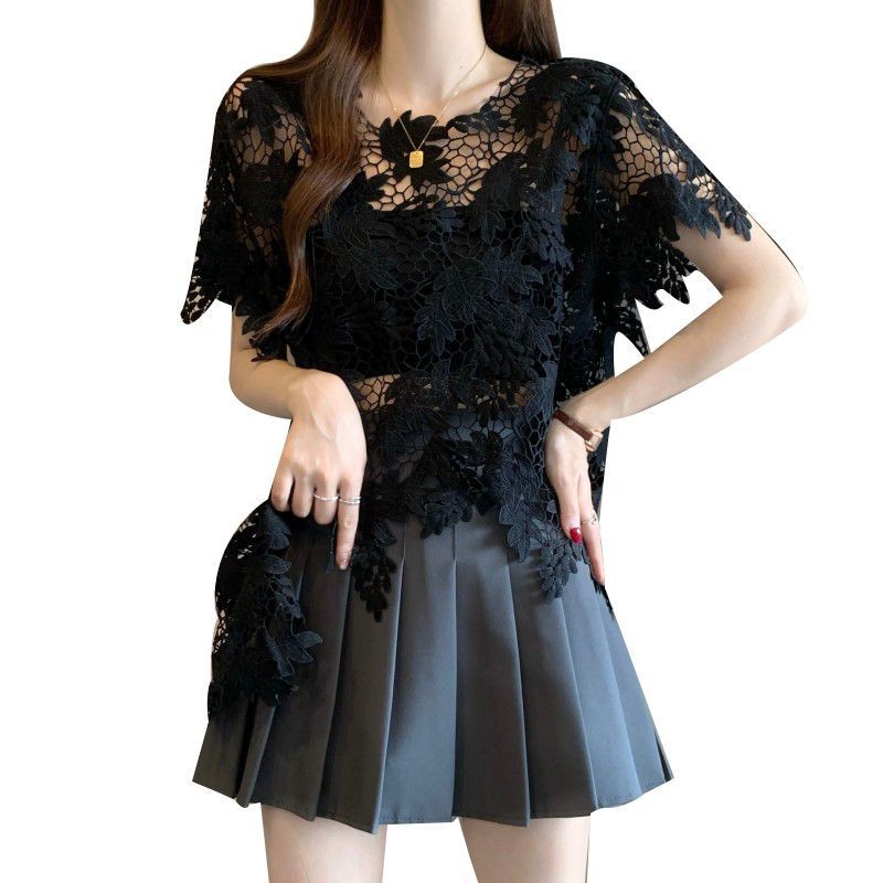 ✨Mùa Hè 2025 Rỗng Áo Sơ Mi Ren Tay Ngắn Plus Kích Thước Béo mm Không Đều Rời Bao Bụng Áo Top 25.5.22