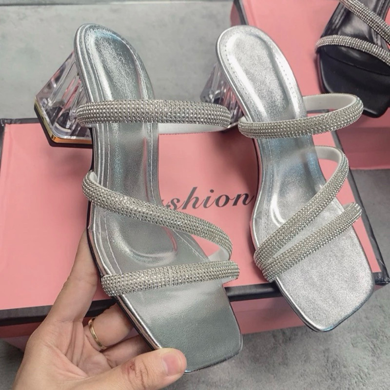 Dép Sandal Cao Gót Quai Dây Đá, Guốc Cao Gót Đế Vuông Trong Suốt  7cm - Cin Shoes