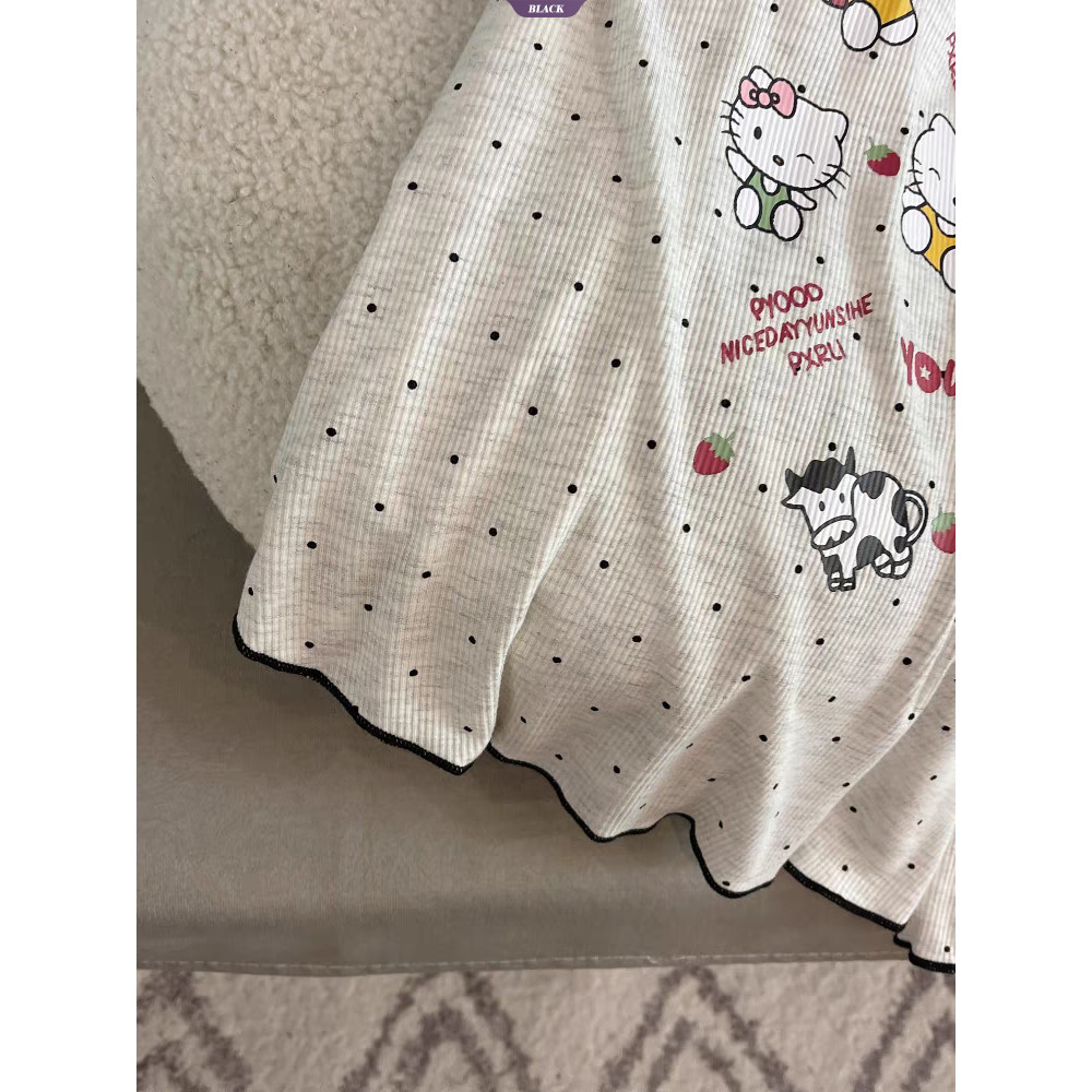 Quần Short ngắn tay mùa hè Bộ đồ ngủ nữ có miếng đệm ngực 2025 Bộ đồ mặc nhà HelloKitty mới [BL]