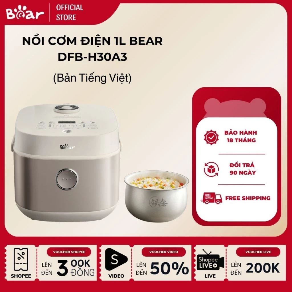Nồi cơm điện 1L Bear DFB-H30A3 (RC-4H30S), 600W, Lòng Tráng Men, Thiết Kế Tay Cầm, Bảo Hành 18 tháng