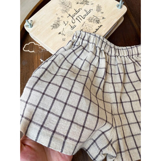 Quần short cotton lanh mỏng sọc caro cho bé trai và bé gái, dáng rộng rãi mùa hè