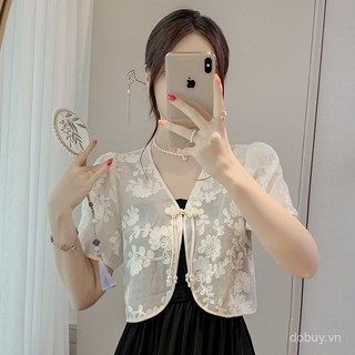 Áo khoác cardigan ngắn tay chống nắng cho phụ nữ mùa hè 2025, thiết kế nút Mandarin phong cách Trung Quốc, khăn choàng chiffon ren nhẹ cho bãi biển và resort