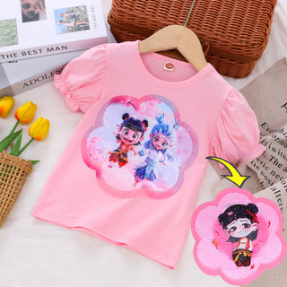 Áo thun Sequin lật bé gái 2025 có thiết kế hoạt hình Nezha với hiệu ứng lấp lánh hai mặt