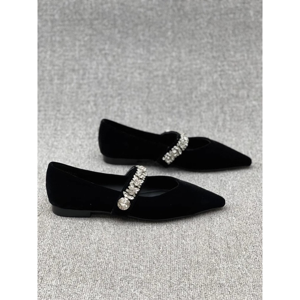 Giày Nữ Size Lớn (32-44) Size Nhỏ 32 33 34 Nhung Mũi Nhọn Miệng Nông Gót Thấp Dây Đeo Kim Cương Giả Mary Jane Giày Đơn Nữ JUNE10