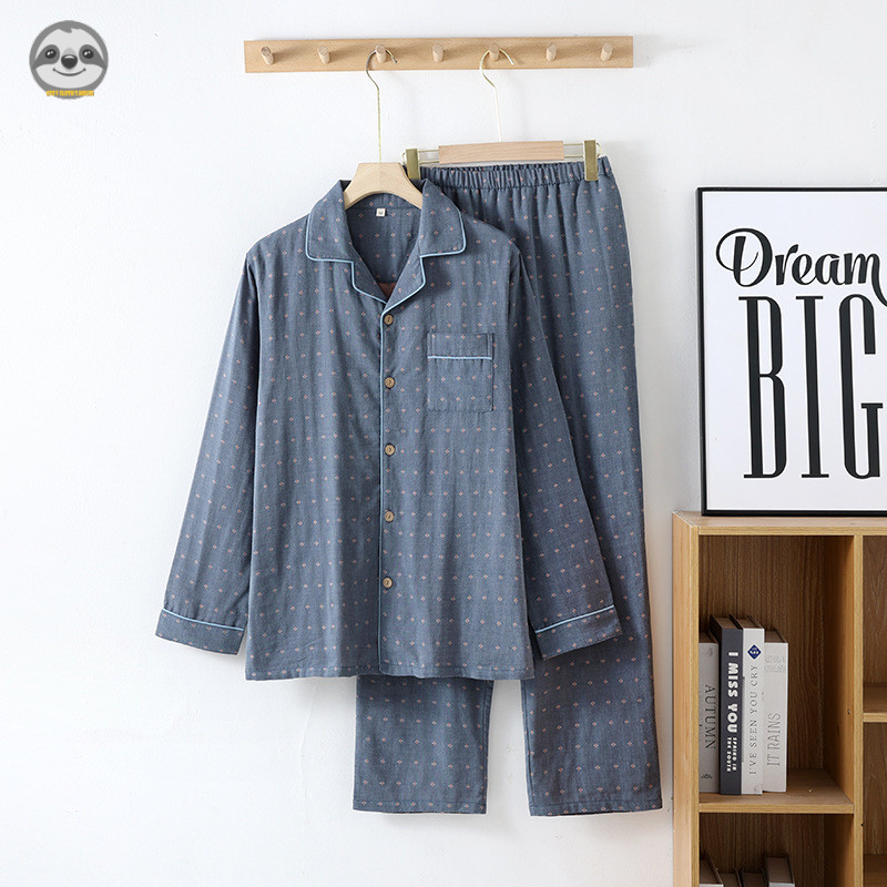 Phong cách Muji Nhật Bản - Quần áo ngủ hai lớp cotton dành cho nam - quần ngủ dài tay