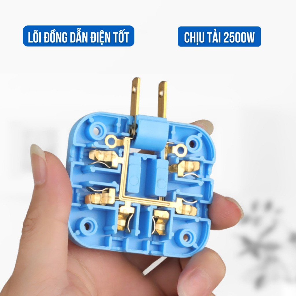 Ổ cắm chia điện 2500W nhỏ gọn tiện lợi xoay 180 độ chia 3 chân tròn dẹt với màu đen trắng xanh hồng pm