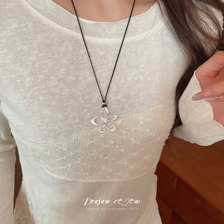 DREJEW Bạc rỗng hoa đen dây rút vòng cổ thời trang Hàn Quốc khí chất phụ kiện